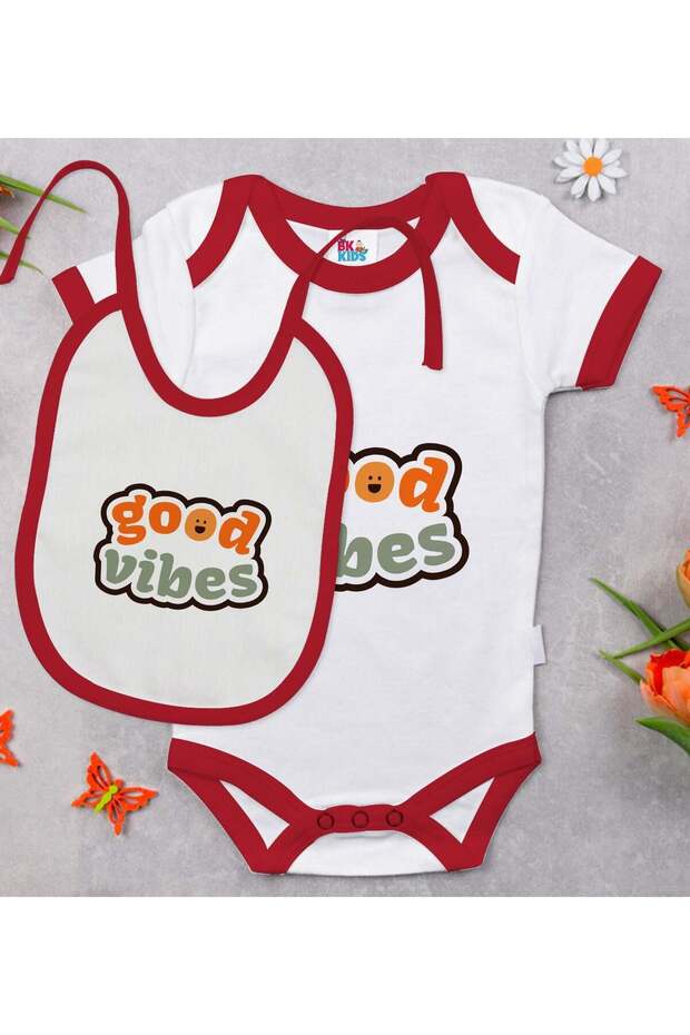 Bk Kids Good Vibes Designed Red Baby Bodysuit and Bib Gift Set - 1, for Ages 0-3 Months.