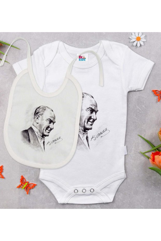 Bk Kids Atatürk-Themed White Baby Bodysuit and Bib Gift Set - 10, for 0-3 Months.