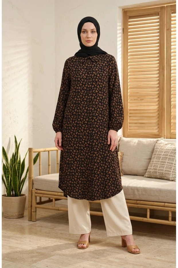 Long, Button-Down Tunic with Floral Pattern 0356-07 Black