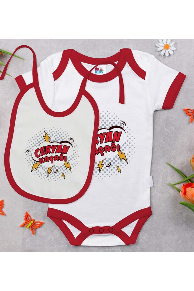 BK Kids Red Baby Bodysuit and Bib Gift Set with Electric Leak Design—Set of 2, 12–18 Months
