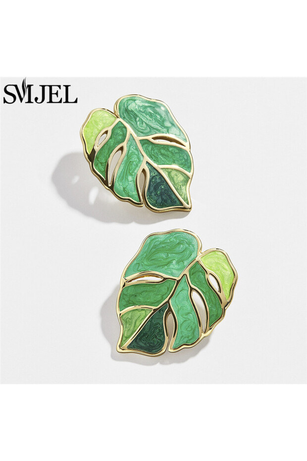 A104 SMJEL Enamel Green Pink Leaf Pendant Earrings for Women Modern Jewelry Exaggerated Leaves Earri