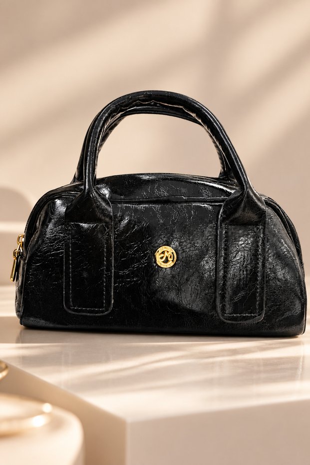 Gold Zippered Hand & Shoulder Bag, Black.
