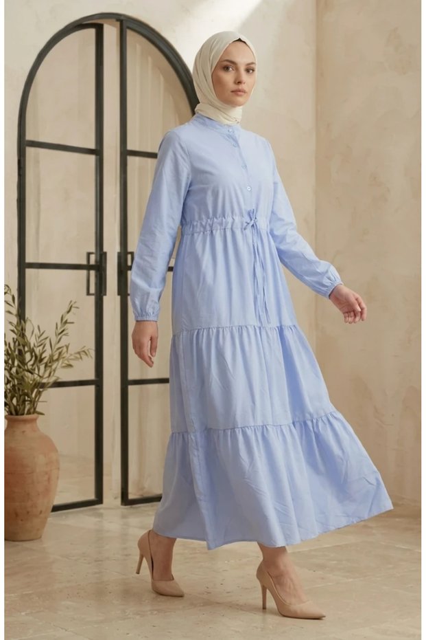 Hakim Collar Buttoned Layered Modest Dress 0336-06 Baby Blue