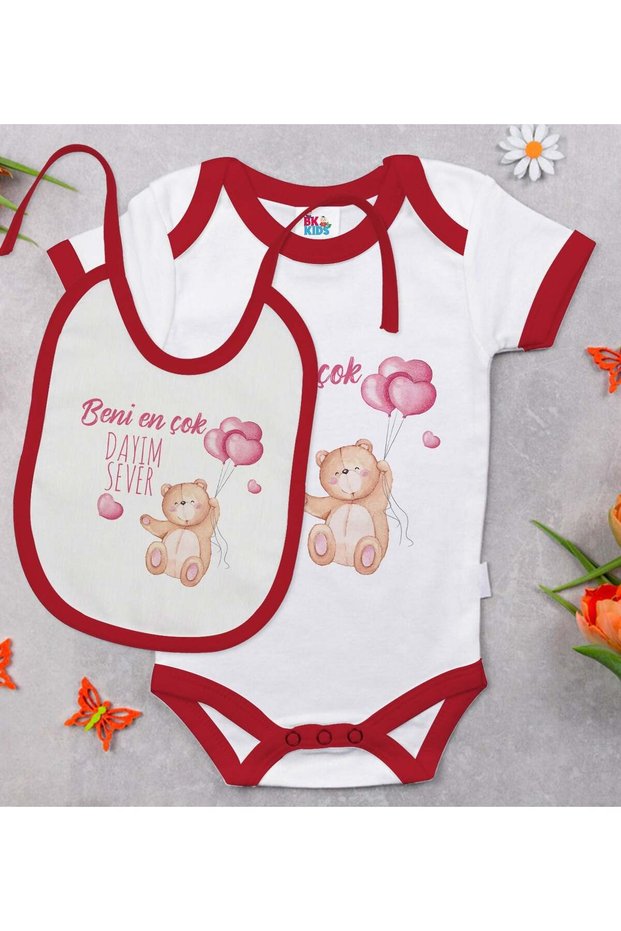 BK Kids "My Uncle Loves Me the Most" Design Red Baby Bodysuit and Bib Gift Set-1 12-1