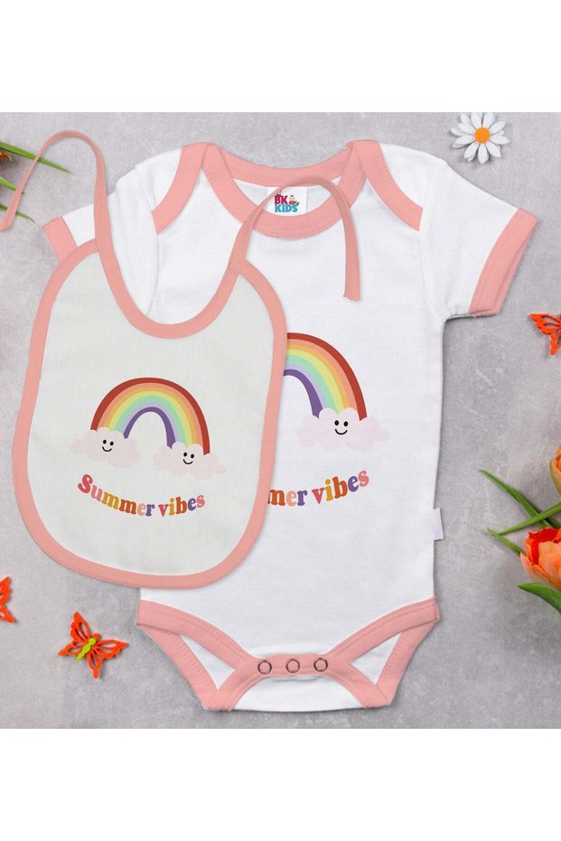 BK Kids "Summer Vibes" Design Pink Baby Bodysuit and Bib Gift Set—2, 0–3 Months