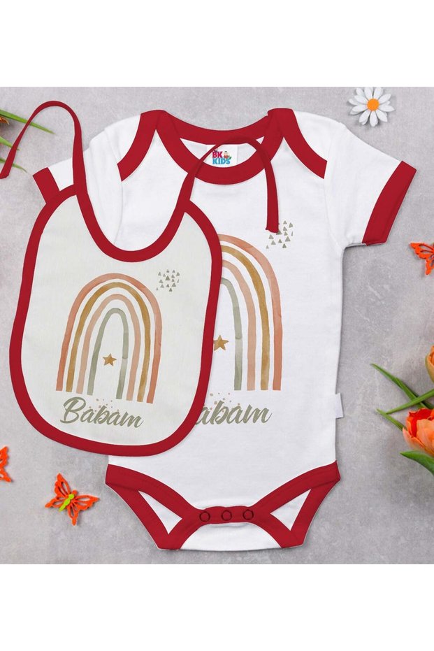 Bk Kids Red Baby Bodysuit and Bib Gift Set with a Dad-Themed Design - 1, for Ages 12-18 Months.