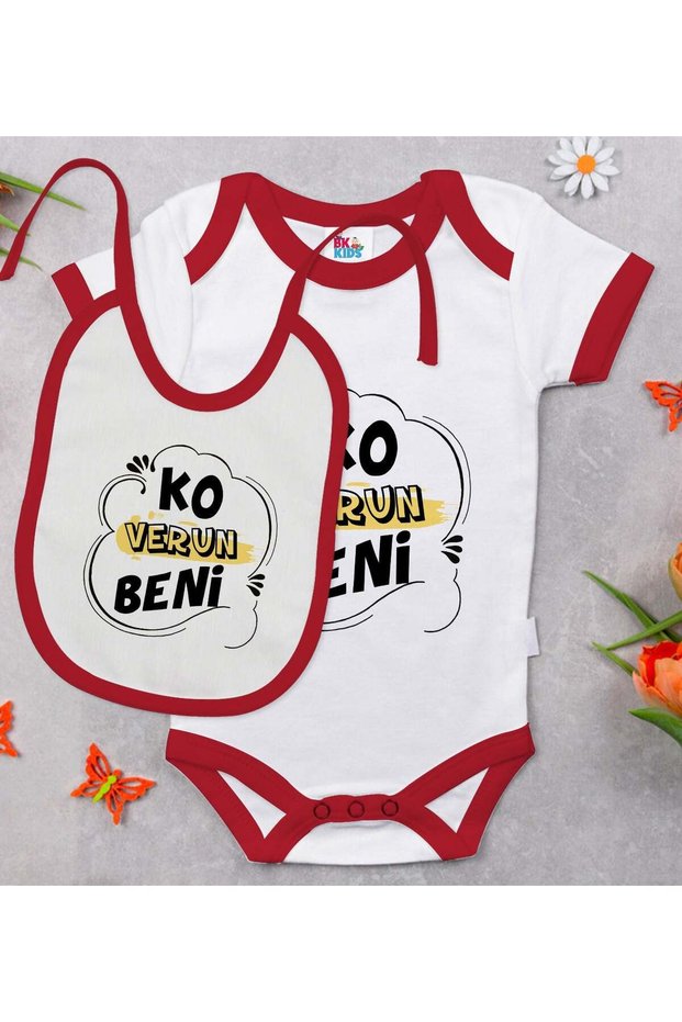 BK Kids "Ko Verun Beni" Printed Red Baby Bodysuit and Bib Gift Set-1, 0-3 Months