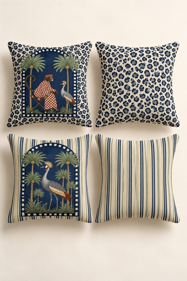 Set of 4 Midnight Safari Navy Blue Safari and Leopard Throw Pillow Covers, Double-Sided Print, 43X43 Cm.