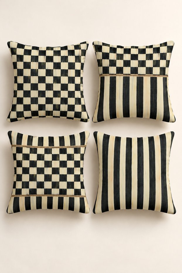 Set of 4 Retro Check Black and Cream Checkered and Striped Pillow Covers, Double-Sided Print, 43X43 Cm.