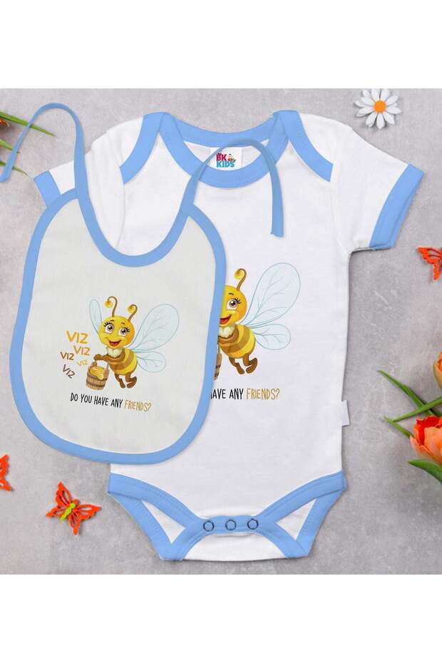 Bk Kids Cute Bee Design Blue Baby Bodysuit and Bib Gift Set - 1, 0-3 Months.