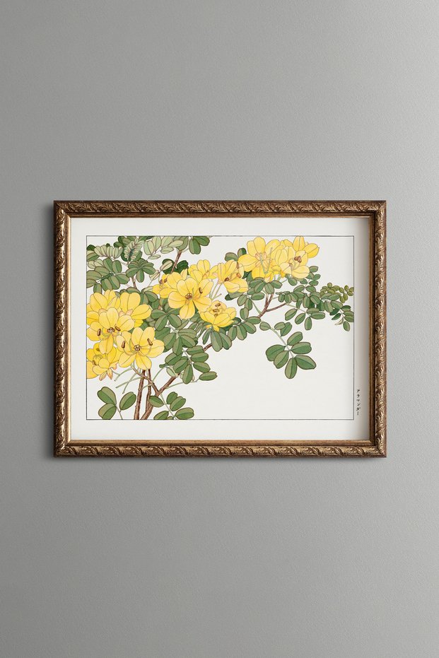 Yellow Allamanda Flowers - Vintage Patterned Painting - Slim Frame