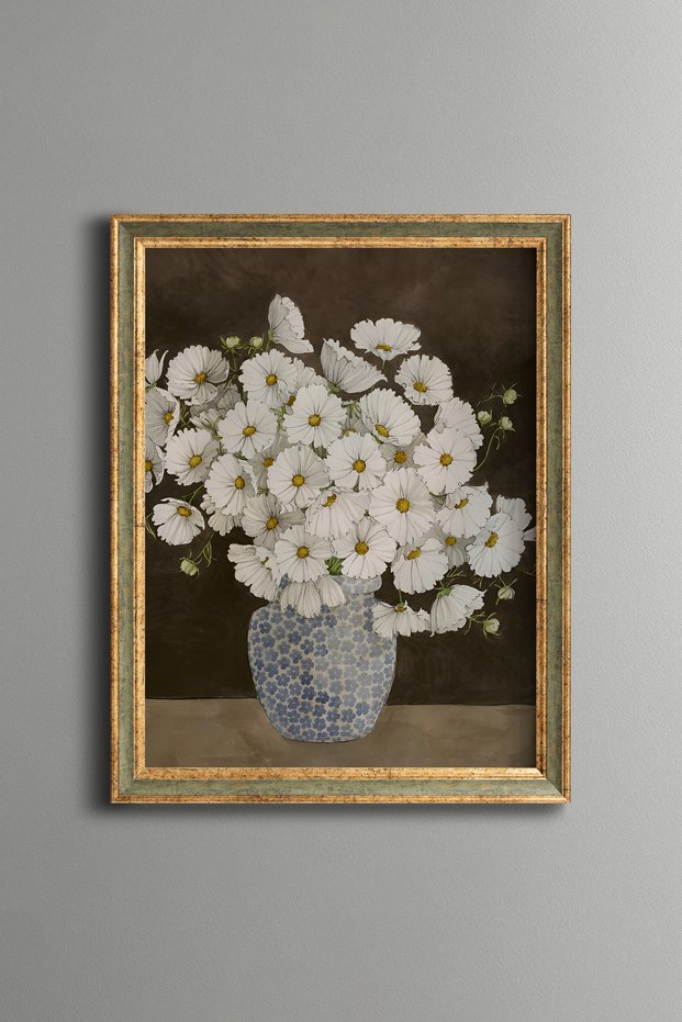 White Flowers in a Blue Vase - Vintage Patterned Painting - Slim Frame