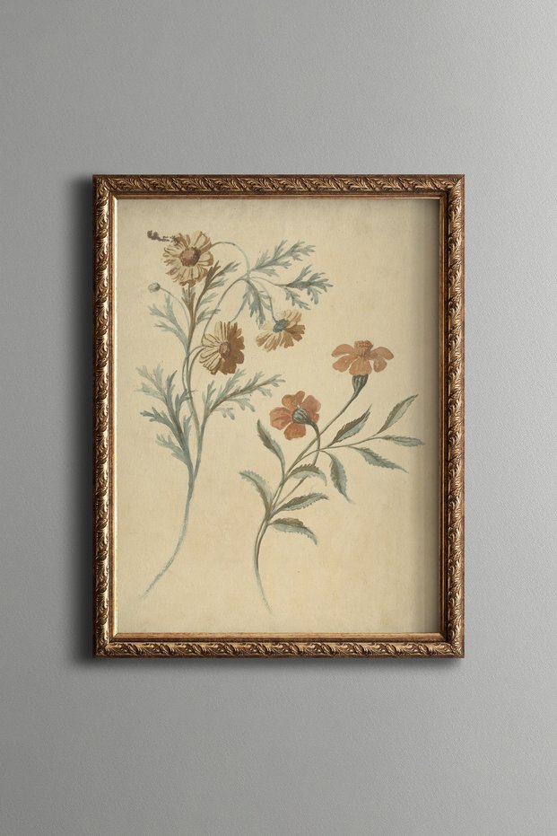 Yellow Wildflowers - Vintage Patterned Painting - Slim Frame