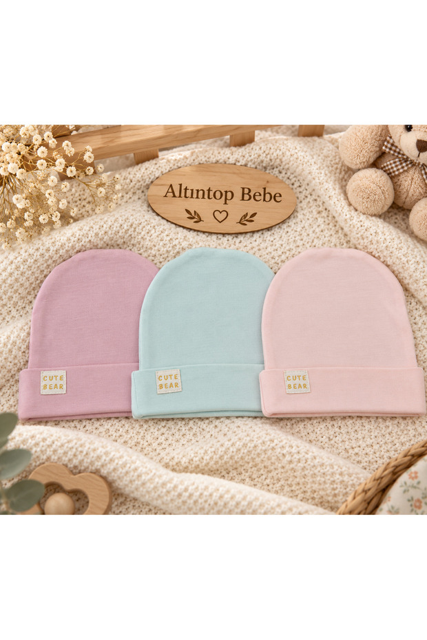 Cute Bear Detailed 3-Piece Hat Set for Baby Girls, Made of Cotton.