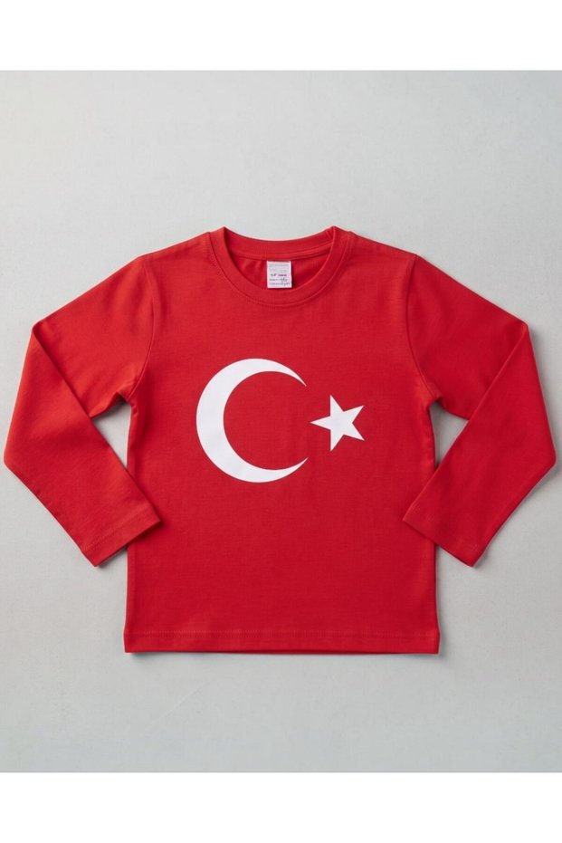 Red Crescent and Star Turkish Flag Printed Long-Sleeve Sweatshirt for Ages 5-6-7-8-9-10-11-12.