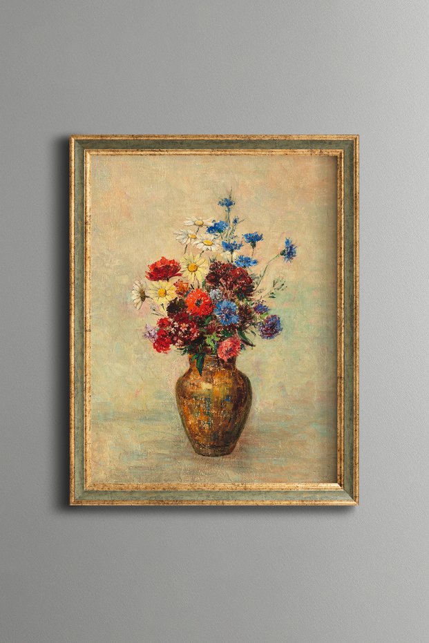 Wildflowers in a Vase - Vintage Patterned Painting - Slim Frame