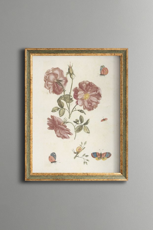 Pink Roses - Vintage Patterned Painting - Slim Frame