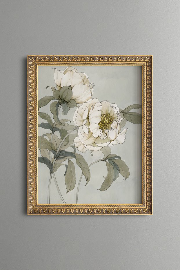 White Magnolia Flowers - Vintage Patterned Painting - Slim Frame