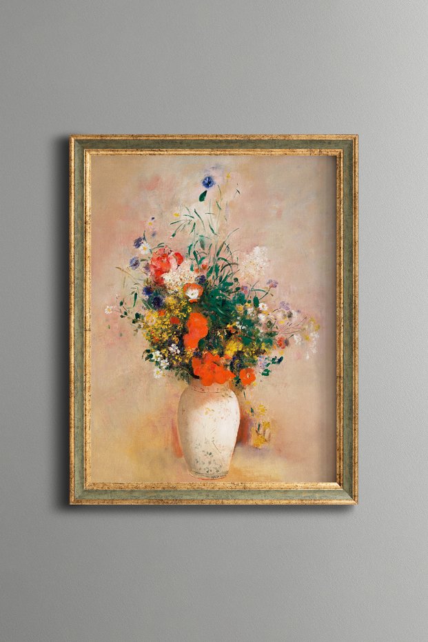 Flowers in a White Vase - Vintage Patterned Painting - Slim Frame