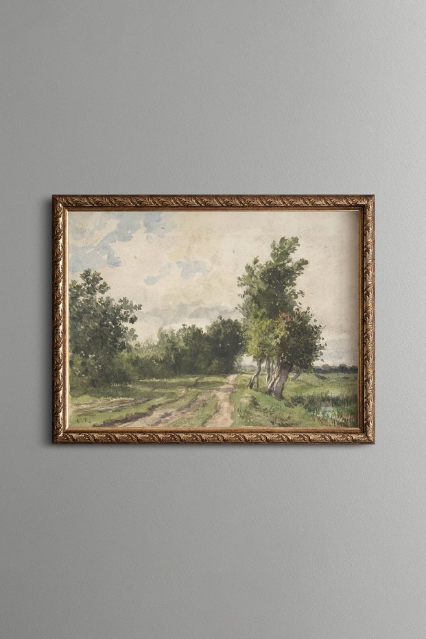 Rural Landscape - Vintage Patterned Painting - Slim Frame