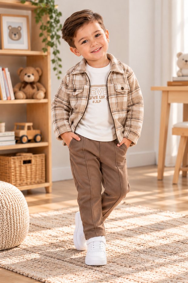 Boys' Plaid Patterned Zippered Shirt Jacket, White Printed T-Shirt, and Khaki Green Pants – 3-Piece Casual Outfit.