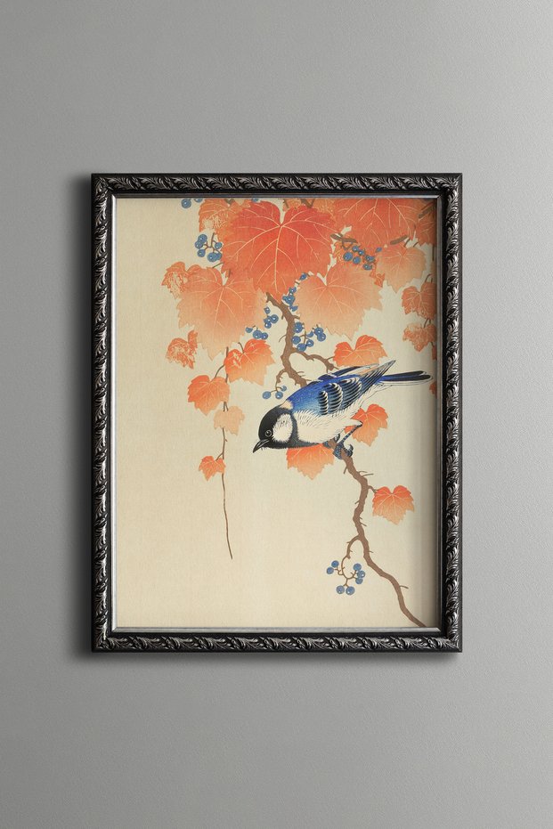 Bird on a Maple Branch - Vintage Patterned Painting - Slim Frame