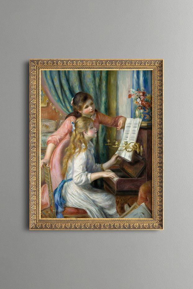 Two Young Girls at the Piano - Vintage Patterned Painting - Slim Model