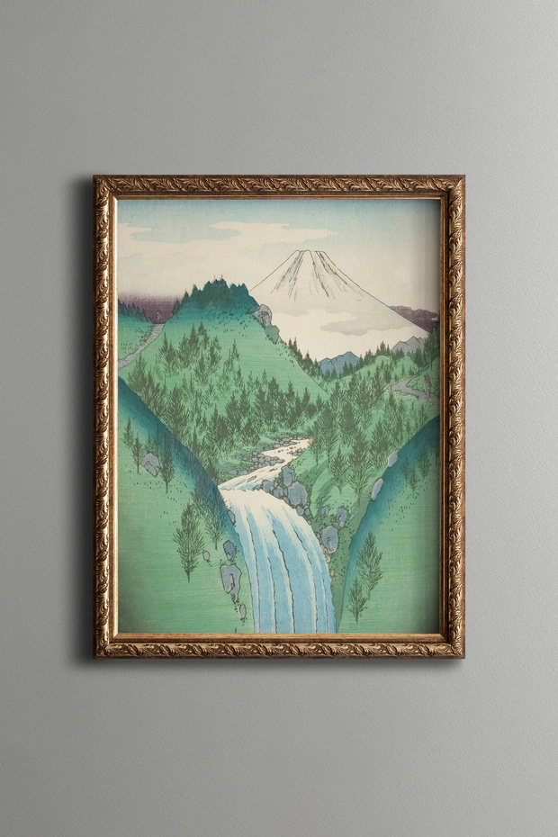 Waterfall and Mount Fuji - Vintage Patterned Painting - Slim Model