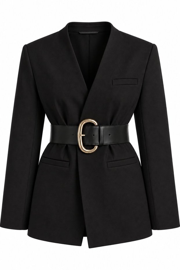 Black Belt-Detailed Satin Jacket - 2Y9691