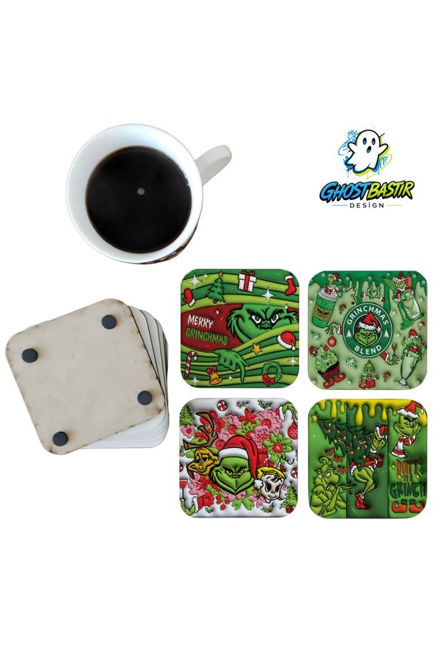 Grinch Christmas Decorative Wooden Coaster Set 0149