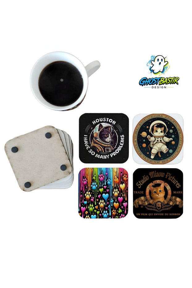 Decorative Wooden Coaster Set with Cat Motif 0155