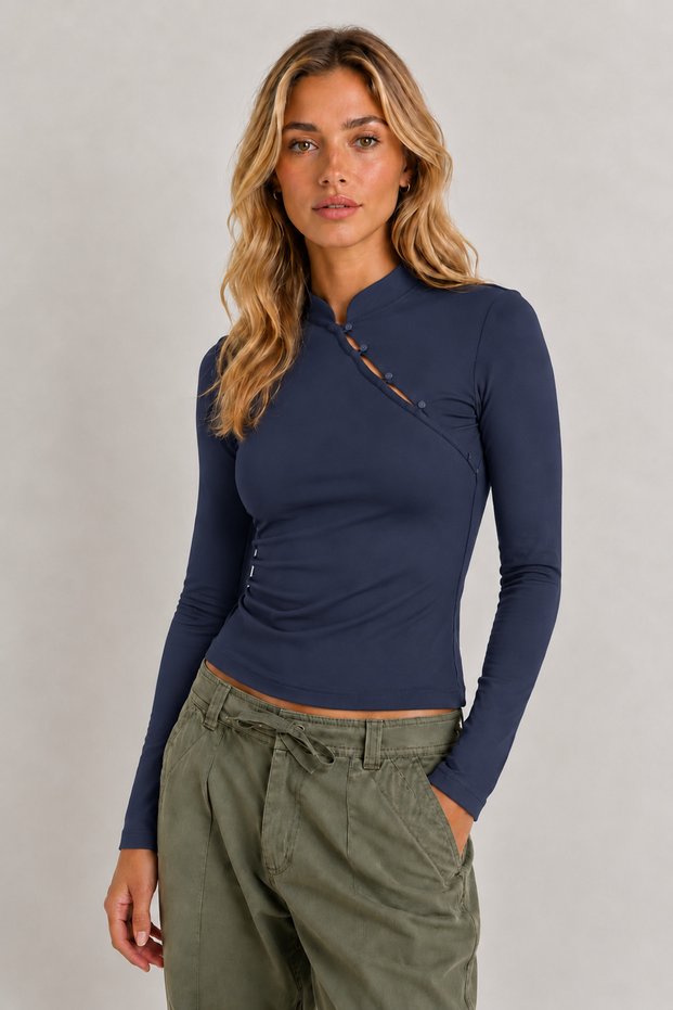 Women's Asymmetrical Four Button Cut Out Collar Long Sleeve Stretchy Blouse