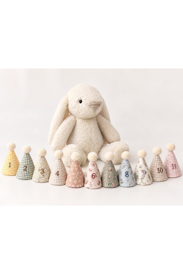 Rabbit-Themed, Custom-Designed, Handcrafted Numbered Baby & Kids Party Hat Set.