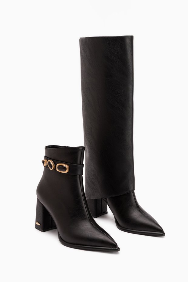 Loretta Black Detachable-Strap 2-in-1 Heeled Women's Boots & Ankle Boots