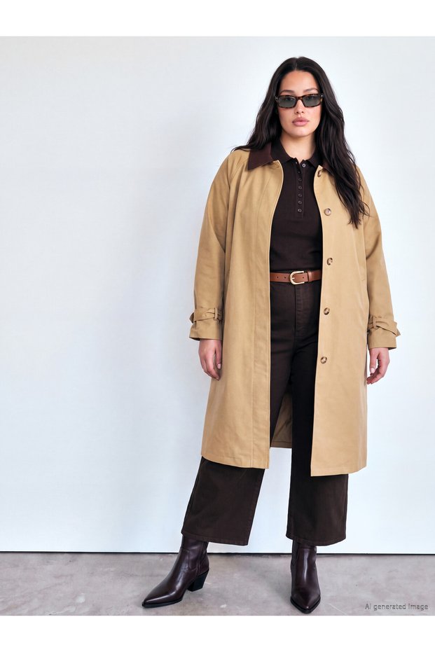 Peak New Season Beige Plus Size Contrast Collar Women's Trench Coat