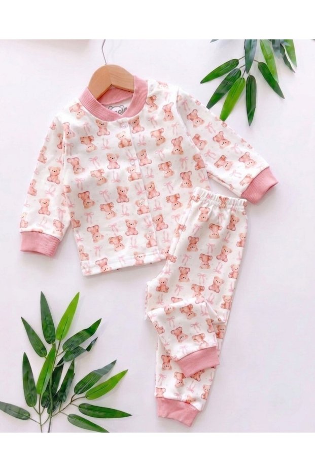 Baby Girl 6-9-12-18-24 Months Teddy Bear Printed Snap Fastener Seasonal 100% Cotton Nightgown Top and Bottom Pajama Set