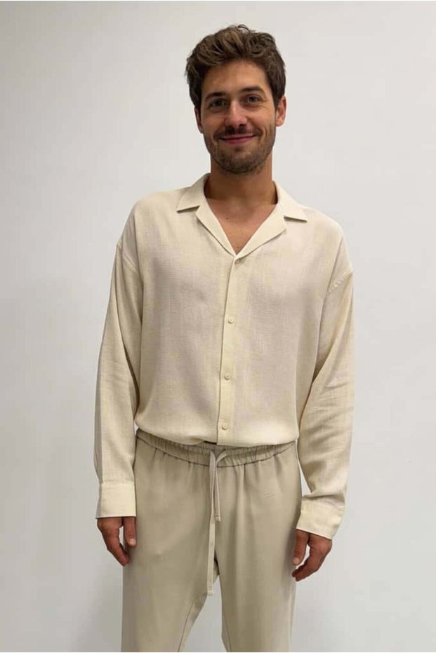 Apache Collar Back Pleated Long Sleeve Shirt - Ecru