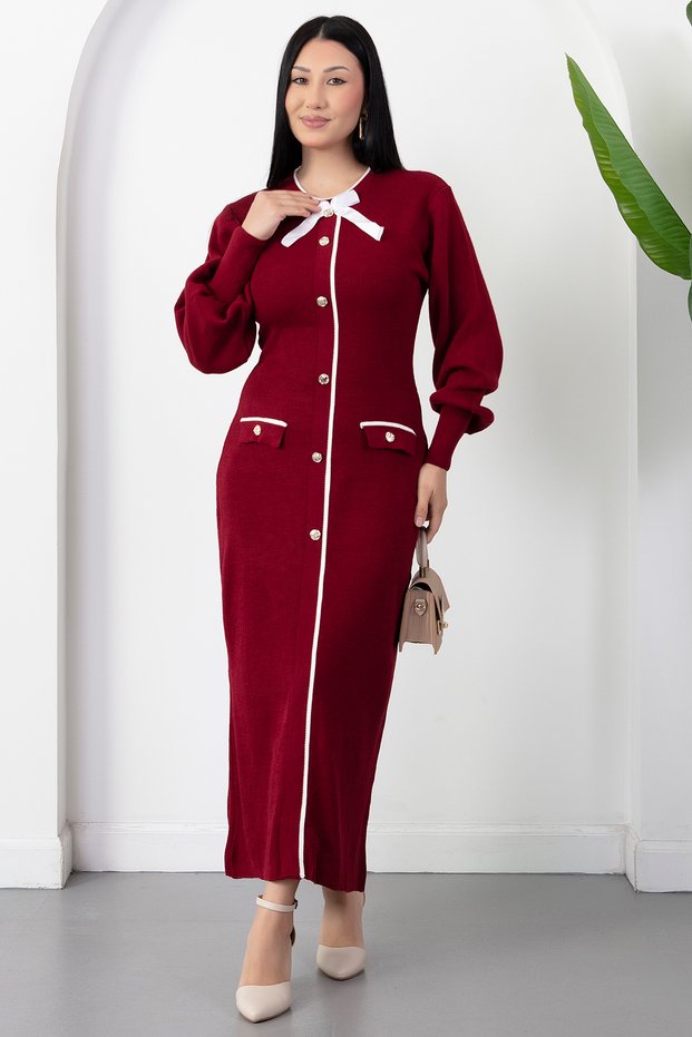Bicycle collar button detail bow knit dress pl1430