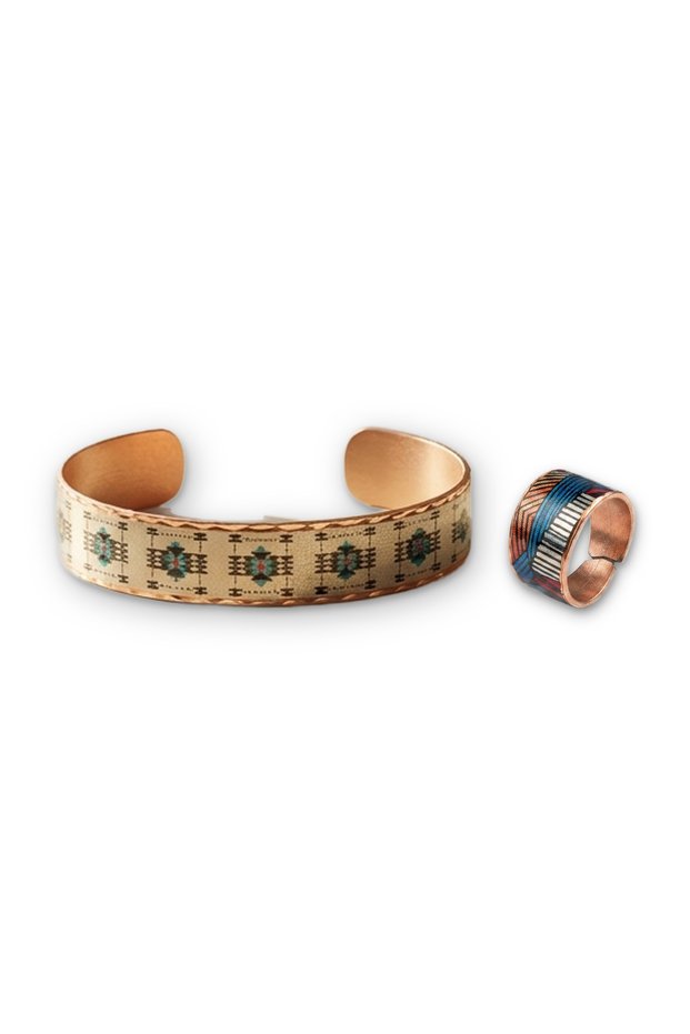 Kök Kilim Rug Yayla Wedding Trousseau Handmade Copper Kilim Rug-Patterned Bracelet and Ring Set, Adjustable