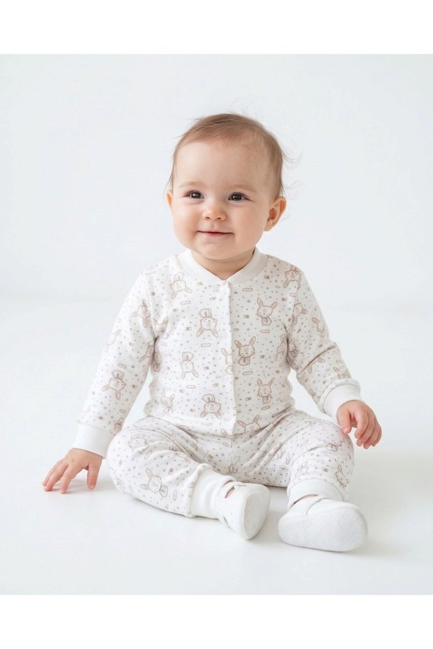 Baby Girl 6-9-12-18-24 Months Rabbit Print Snap-Fastened Seasonal 100% Cotton Nightwear Set (Top and Bottom)