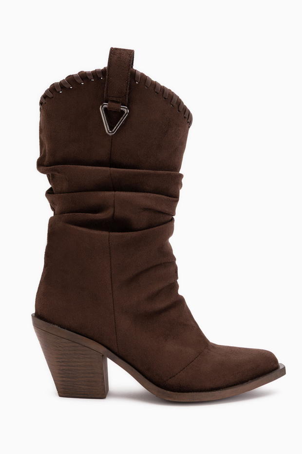 Reba Coffee Suede Ankle Boots with Thick Heels, Women's Long Cowboy Boots.