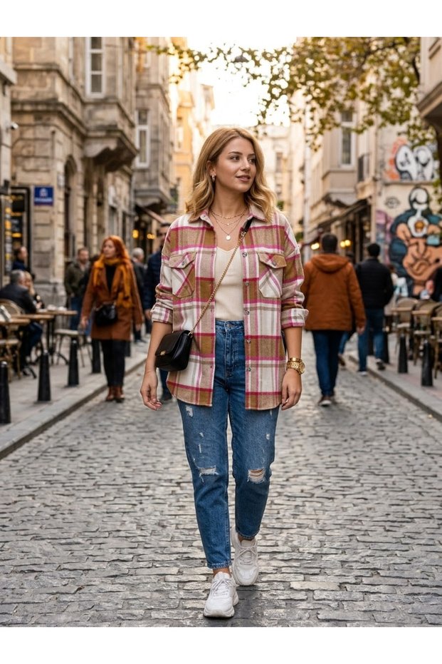 Women's Pink Mustard Plaid Oversized Carpenter Shirt Jacket.