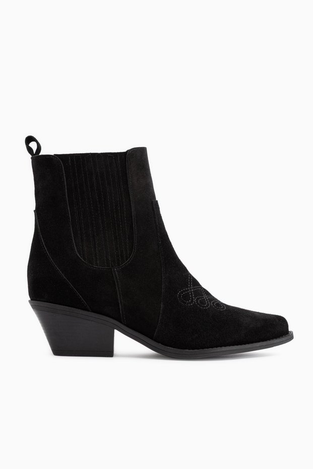 Freya Genuine Leather Black Suede Embroidered Heel Women's Cowboy Boots.