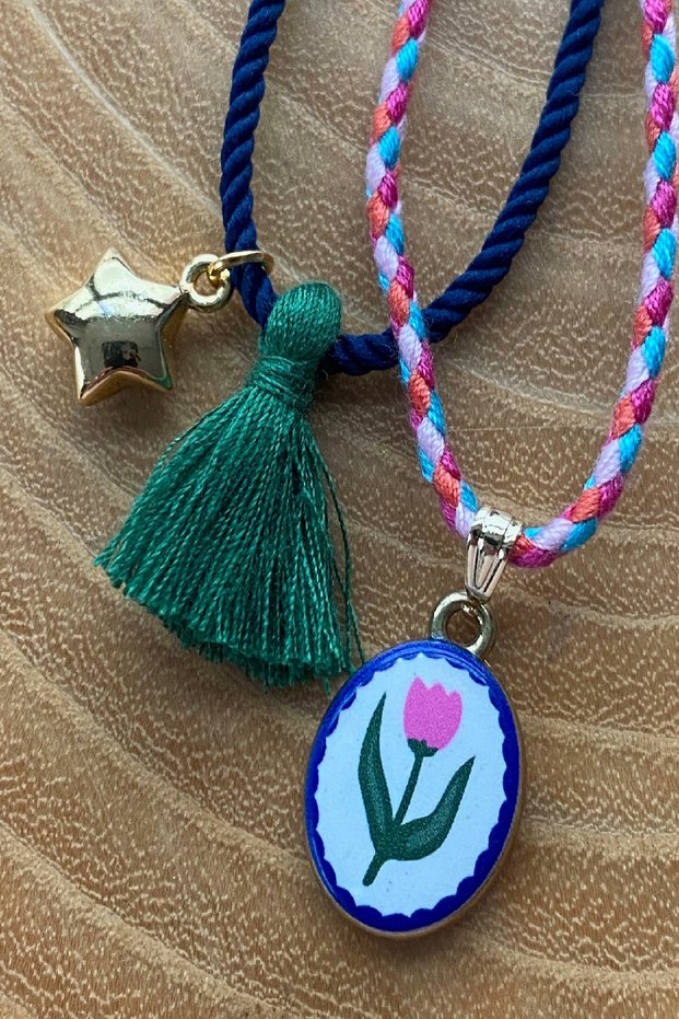 Set of 2 Enamel Tulip Patterned Adjustable Rope Necklaces with Gold Star Charms.