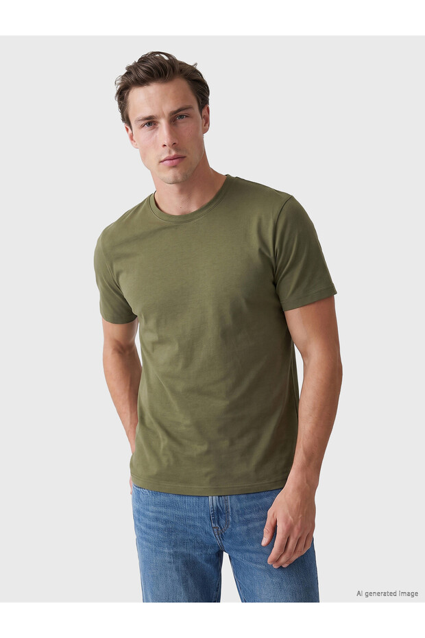 Peak New Season Khaki Crew Neck Combed Cotton Men's T-Shirt