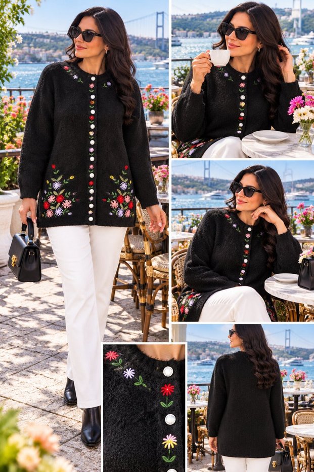Women's Black Angora Cardigan with Floral Embroidery and Button Detail.