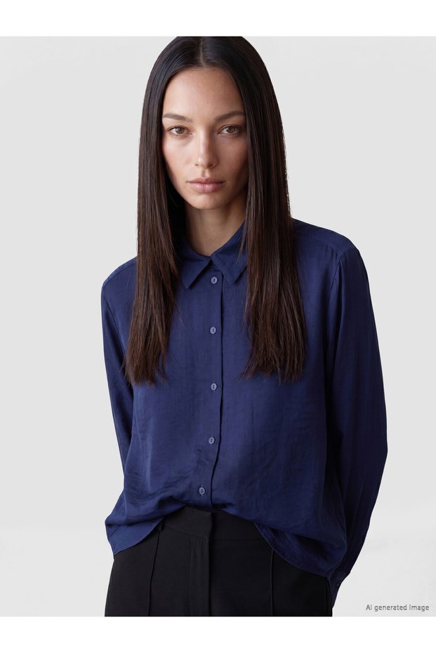 Peak New Season Navy Blue Loose Fit Satin Women's Shirt.