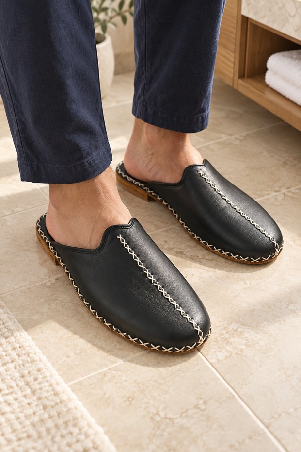 Black Genuine Leather Men's House Slippers | Leather Sole