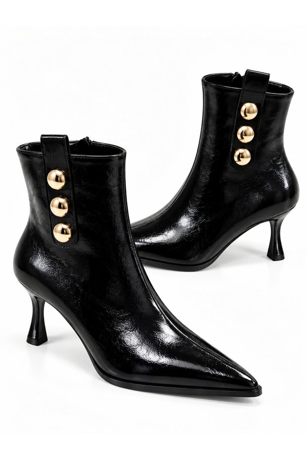 Women's Shiny Patent Leather Gold Button Detail Pointed-Toe Stiletto Heel Zippered Boots.