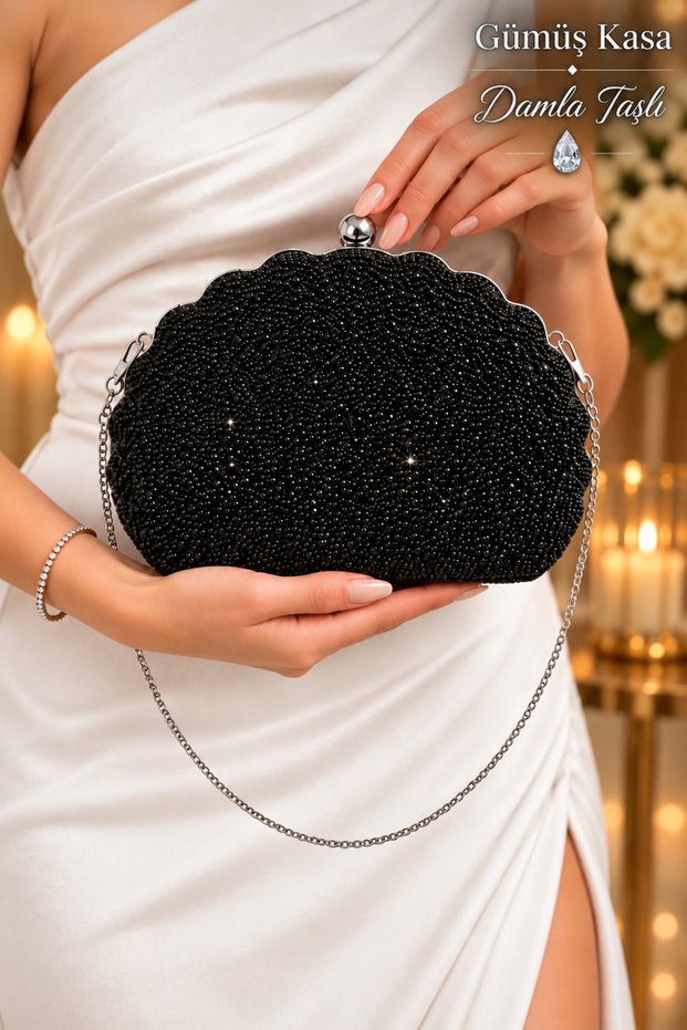 Oyster Evening Dress Bag / Stone-Embellished Evening Dress Bag / Wide Model Evening Dress Bag Stylish Black Stone-Embellished Evening Dress Bag